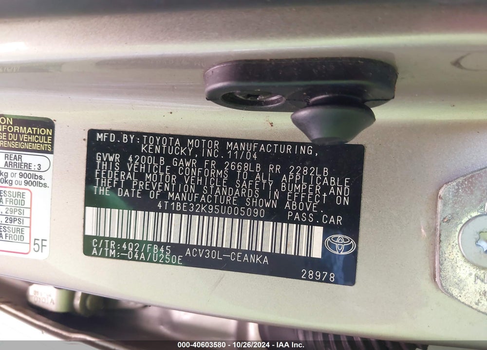 2005 TOYOTA CAMRY LE VIN: 4T1BE32K95U005090