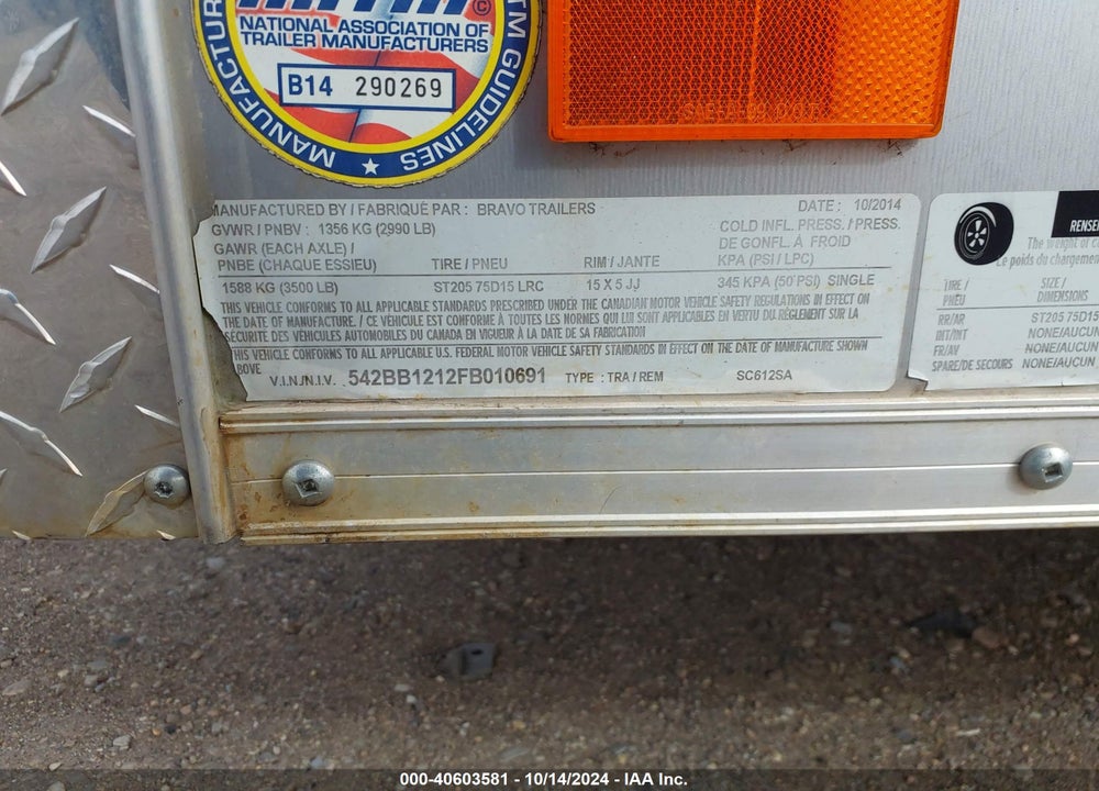 2015 BRAVO TRAILERS TRAILER VIN: 542BB1212FB010691