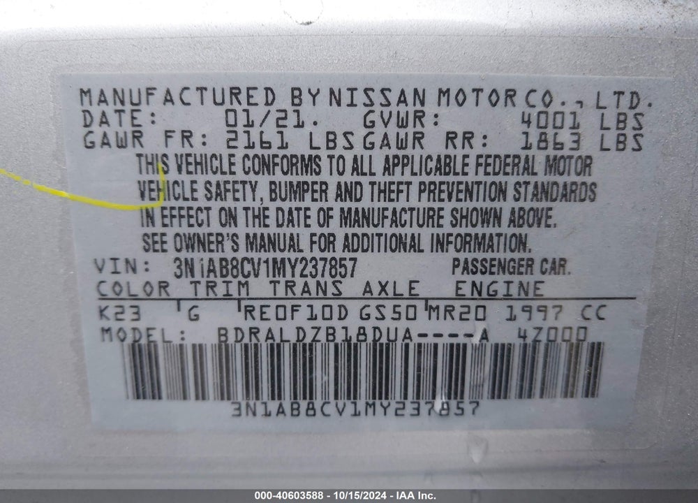 2021 NISSAN SENTRA SV XTRONIC CVT VIN: 3N1AB8CV1MY237857