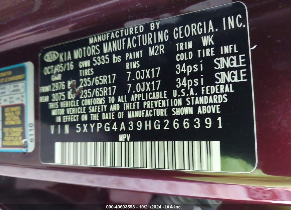 2017 KIA SORENTO 2.4L LX VIN: 5XYPG4A39HG266391