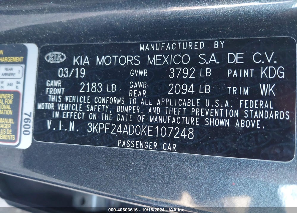 2019 KIA FORTE FE VIN: 3KPF24AD0KE107248