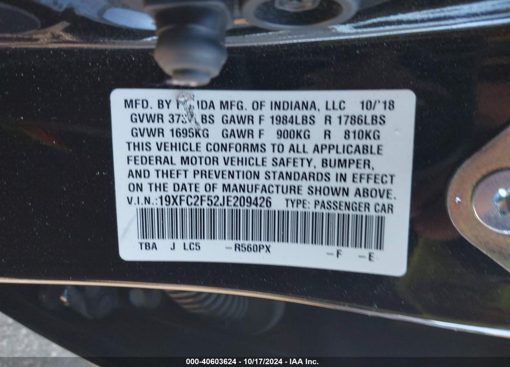 2018 HONDA CIVIC LX VIN: 19XFC2F52JE209426
