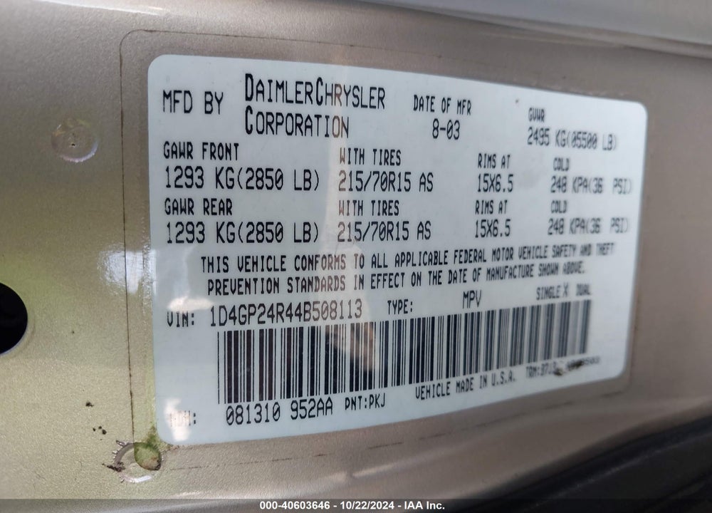 2004 DODGE GRAND CARAVAN SE VIN: 1D4GP24R44B508113