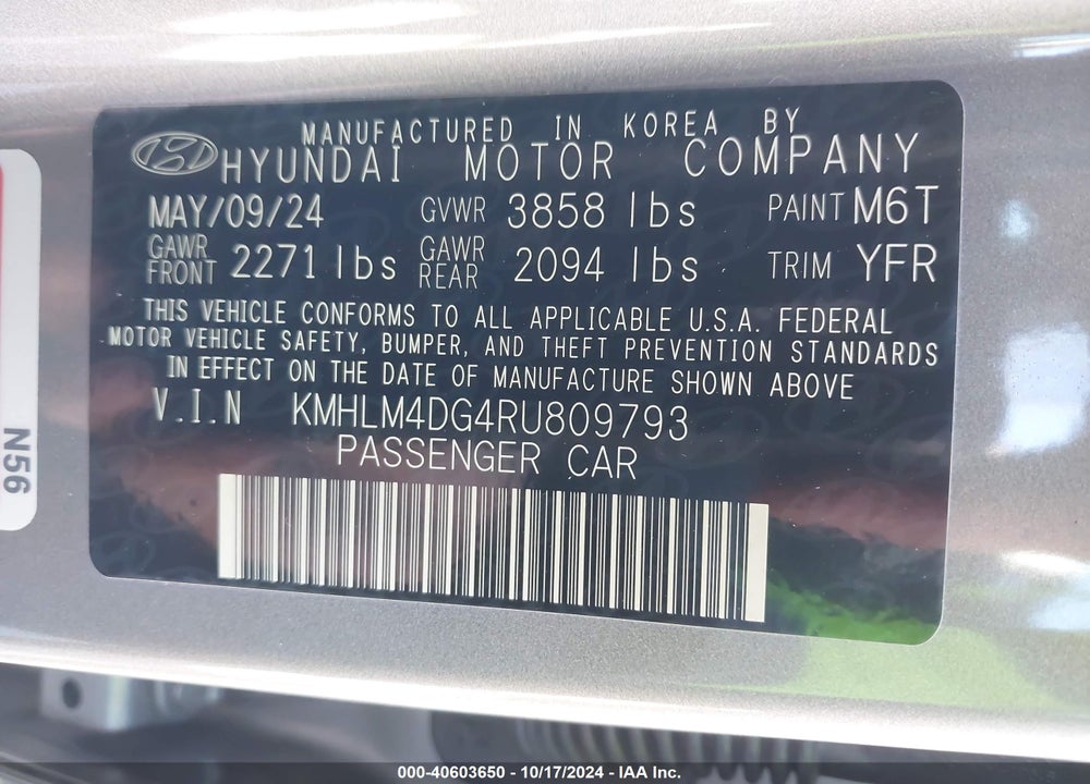 2024 HYUNDAI ELANTRA SEL VIN: KMHLM4DG4RU809793