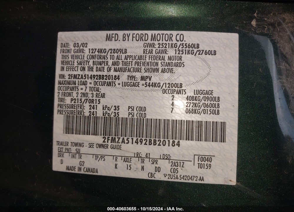 2002 FORD WINDSTAR LX VIN: 2FMZA51492BB20184
