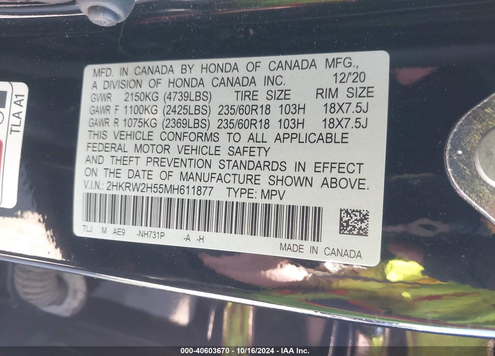 2021 HONDA CR-V AWD EX VIN: 2HKRW2H55MH611877