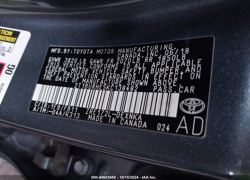 2019 TOYOTA COROLLA LE VIN: 2T1BURHE5KC138482