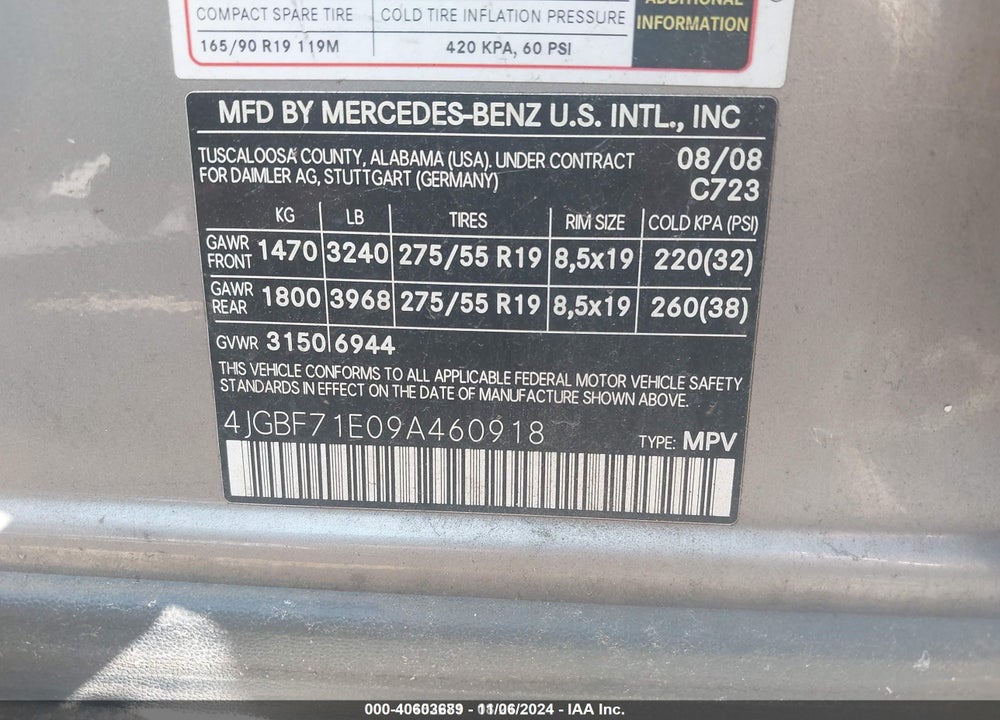 2009 MERCEDES-BENZ GL 450 4MATIC VIN: 4JGBF71E09A460918