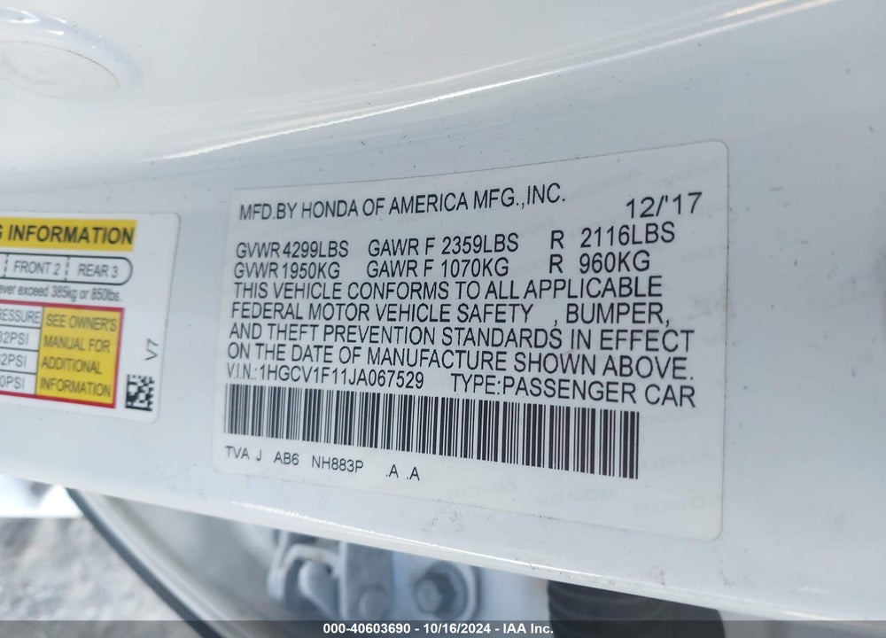 2018 HONDA ACCORD LX VIN: 1HGCV1F11JA067529