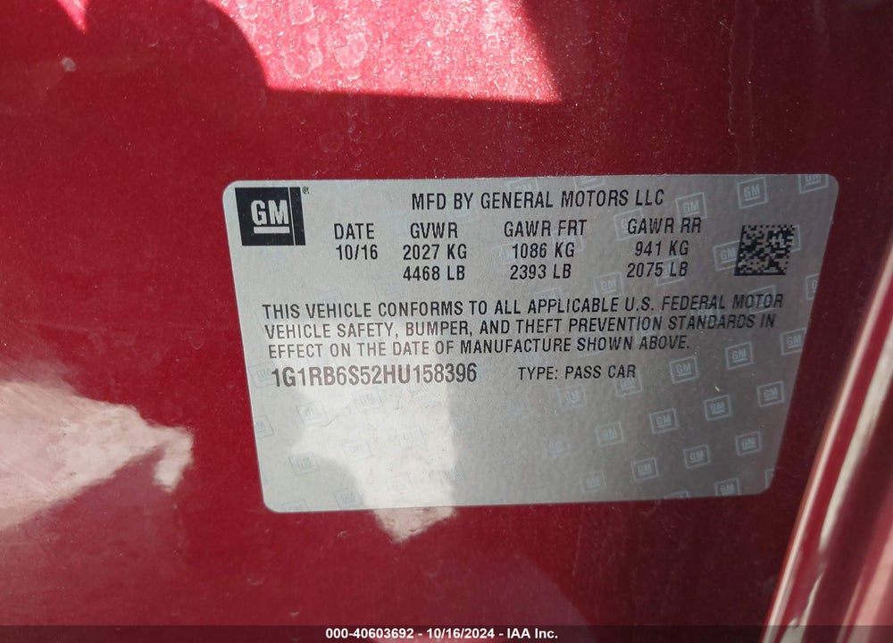 2017 CHEVROLET VOLT VIN: 1G1RB6S52HU158396