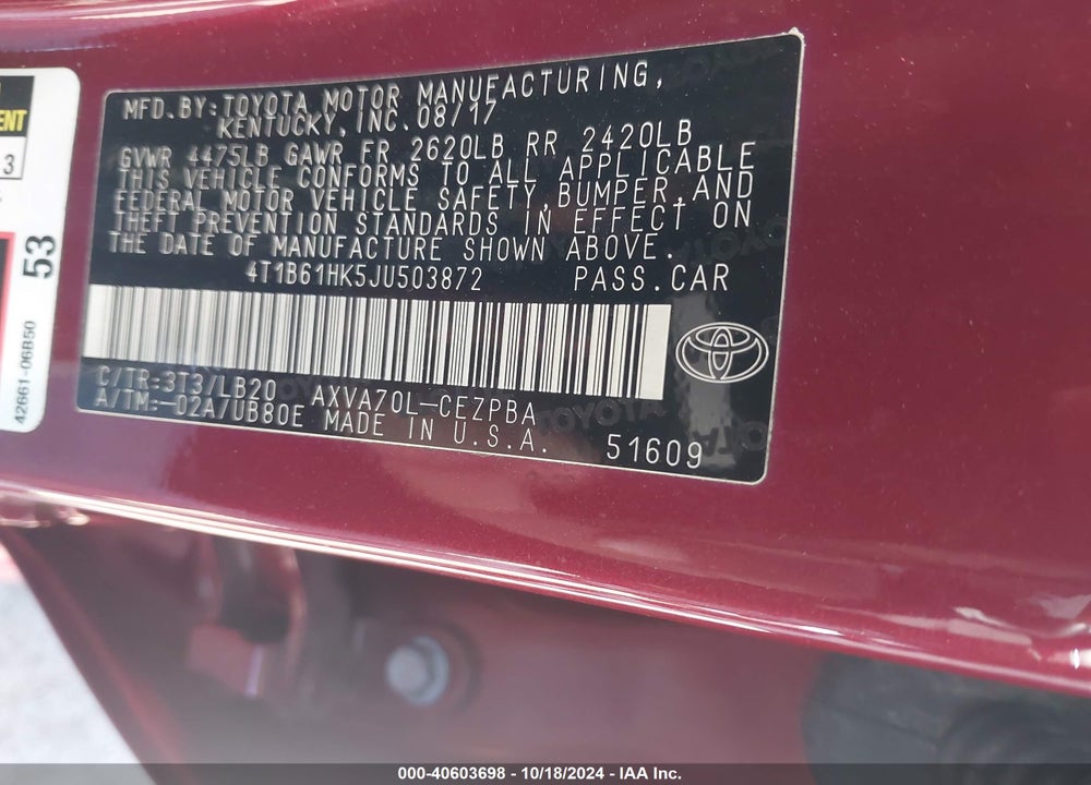 2018 TOYOTA CAMRY XSE VIN: 4T1B61HK5JU503872