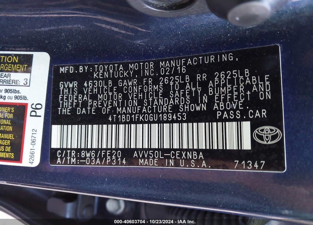 2016 TOYOTA CAMRY HYBRID LE VIN: 4T1BD1FK0GU189453