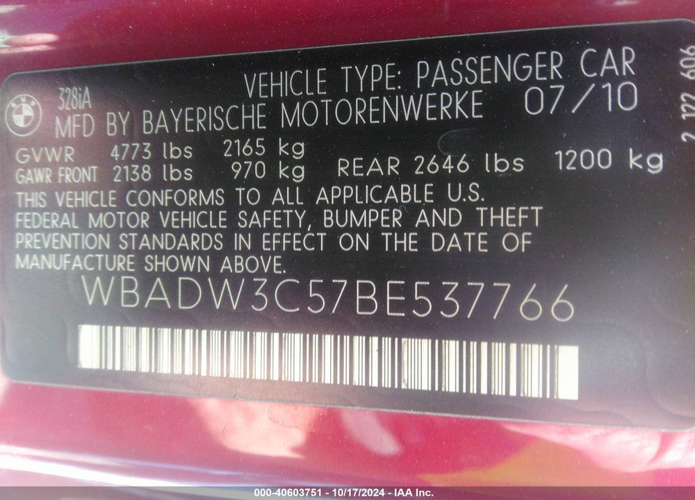 2011 BMW 328I VIN: WBADW3C57BE537766
