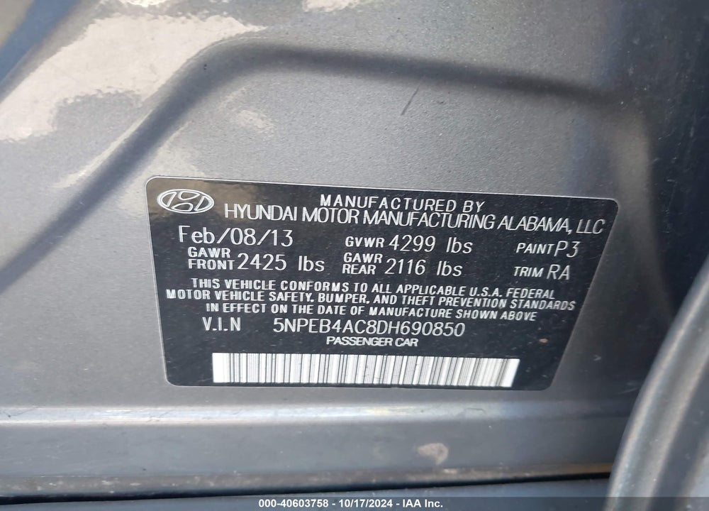2013 HYUNDAI SONATA GLS VIN: 5NPEB4AC8DH690850