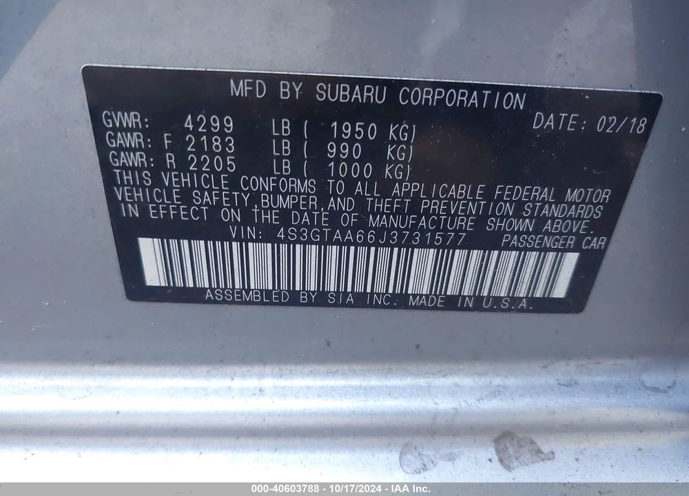 2018 SUBARU IMPREZA 2.0I VIN: 4S3GTAA66J3731577