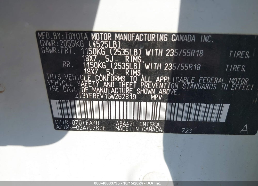 2016 TOYOTA RAV4 LIMITED VIN: 2T3YFREV1GW262819