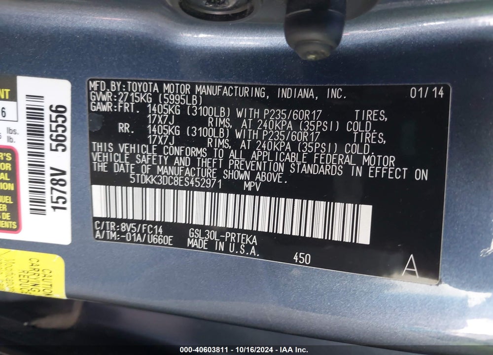 2014 TOYOTA SIENNA LE V6 8 PASSENGER VIN: 5TDKK3DC8ES452971