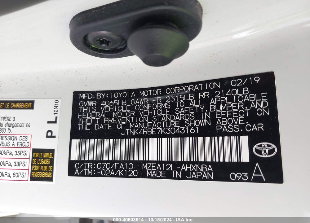2019 TOYOTA COROLLA SE VIN: JTNK4RBE7K3043161