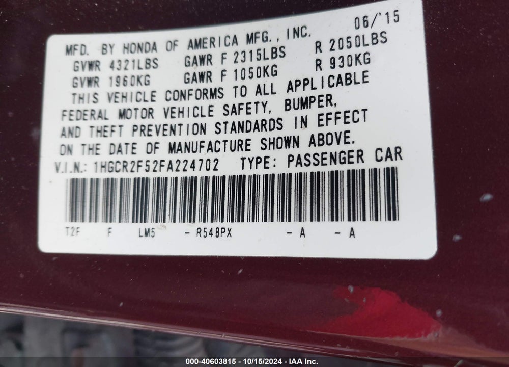 2015 HONDA ACCORD SPORT VIN: 1HGCR2F52FA224702