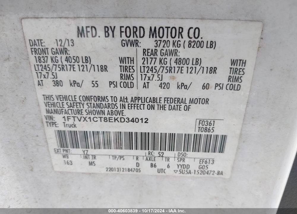 2014 FORD F-150 XLT VIN: 1FTVX1CT8EKD34012