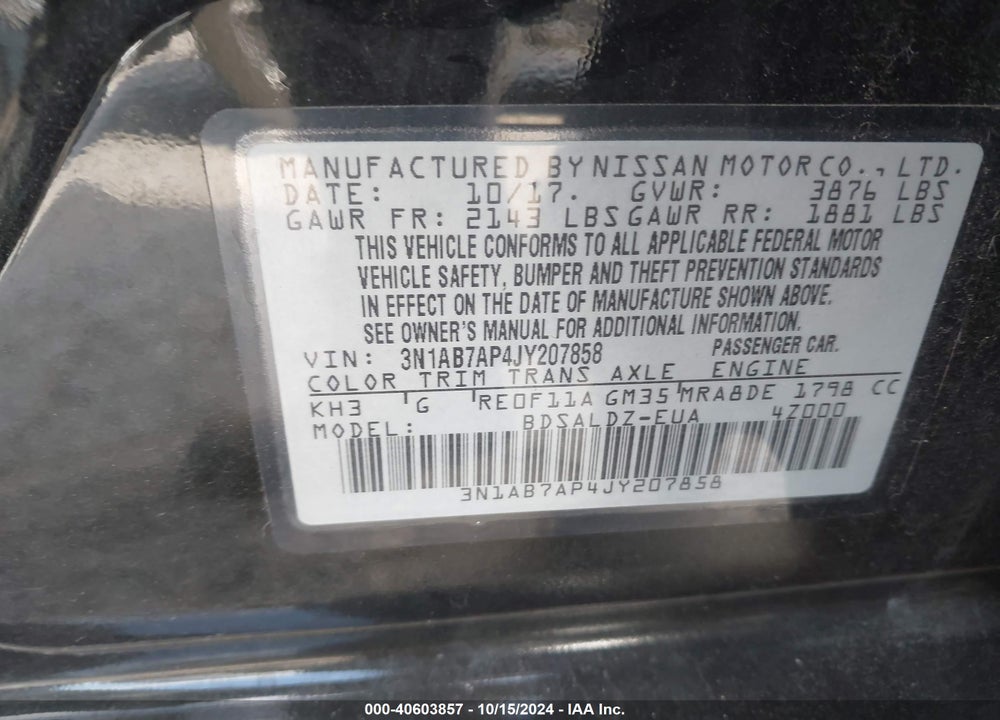 2018 NISSAN SENTRA SV VIN: 3N1AB7AP4JY207858