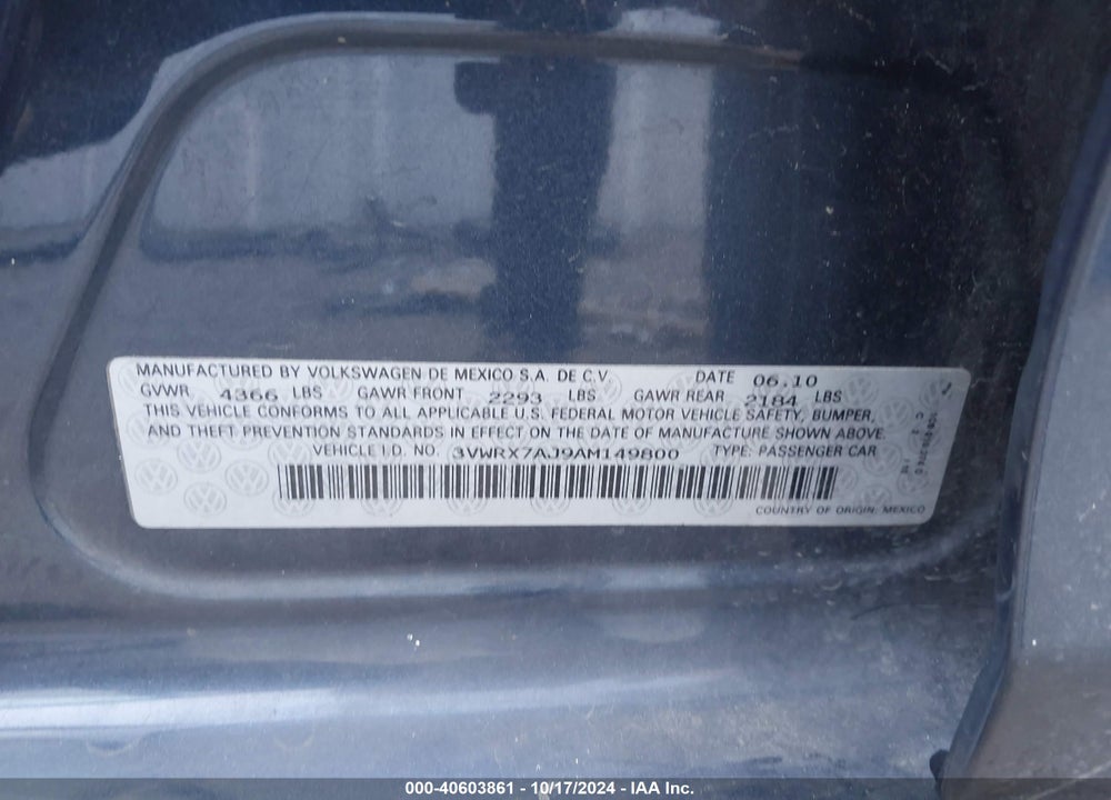 2010 VOLKSWAGEN JETTA LIMITED EDITION VIN: 3VWRX7AJ9AM149800