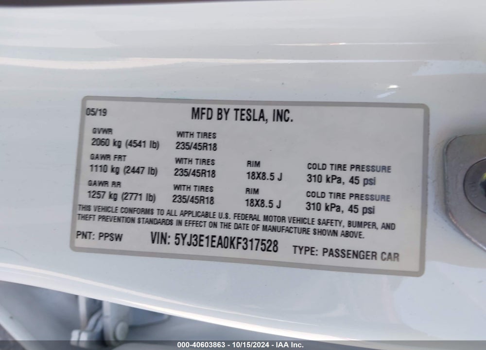 2019 TESLA MODEL 3 LONG RANGE/MID RANGE/STANDARD RANGE/STANDARD RANGE PLUS VIN: 5YJ3E1EA0KF317528
