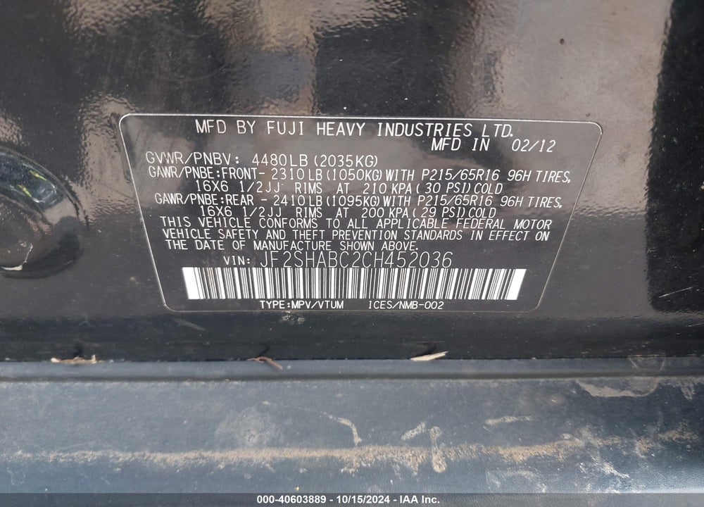 2012 SUBARU FORESTER 2.5X VIN: JF2SHABC2CH452036