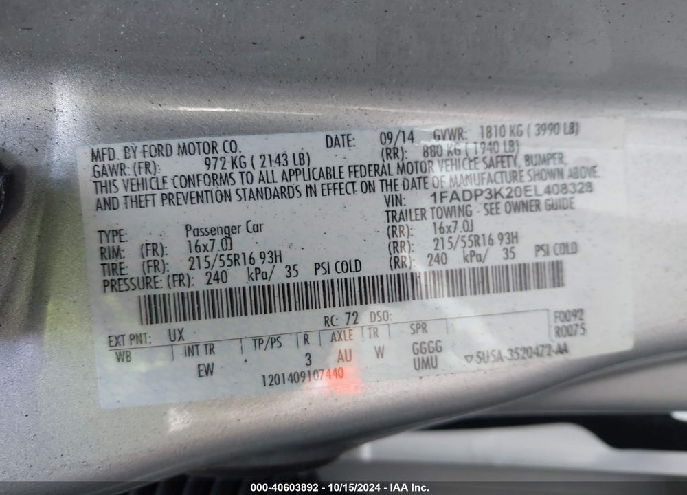 2014 FORD FOCUS SE VIN: 1FADP3K20EL408328