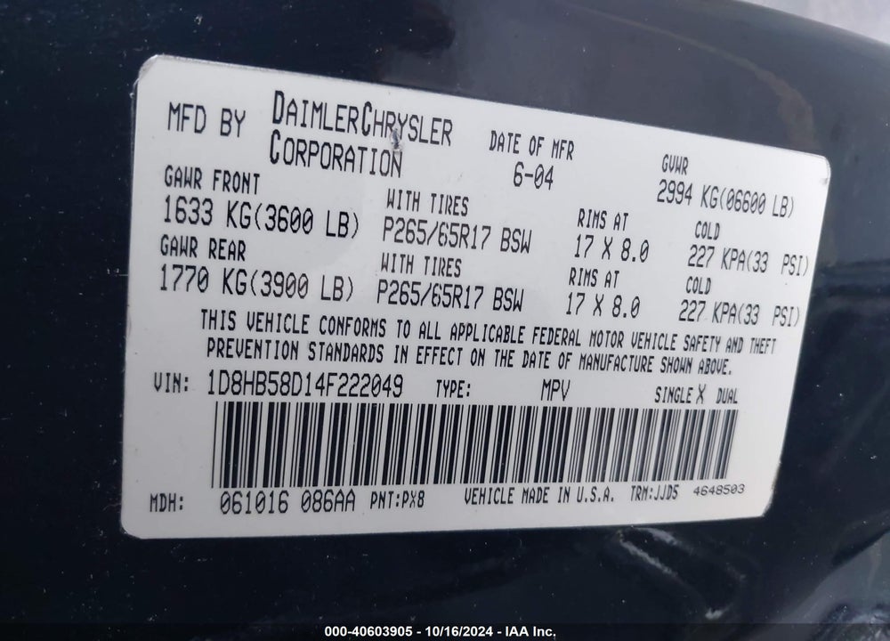 2004 DODGE DURANGO LIMITED VIN: 1D8HB58D14F222049