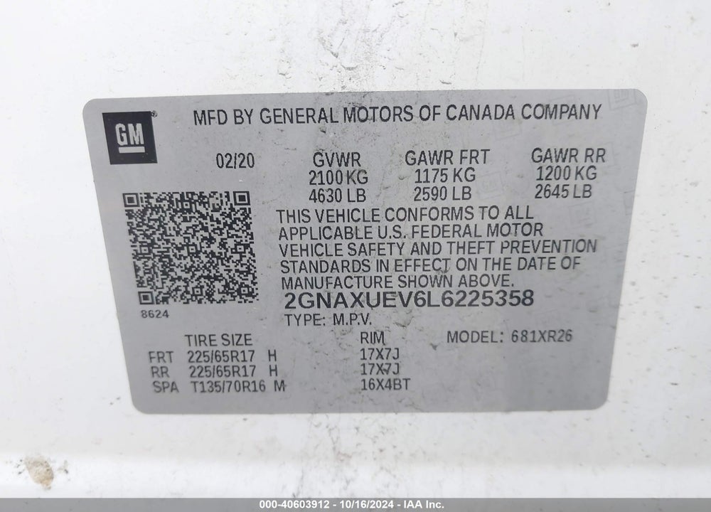 2020 CHEVROLET EQUINOX AWD LT 1.5L TURBO VIN: 2GNAXUEV6L6225358