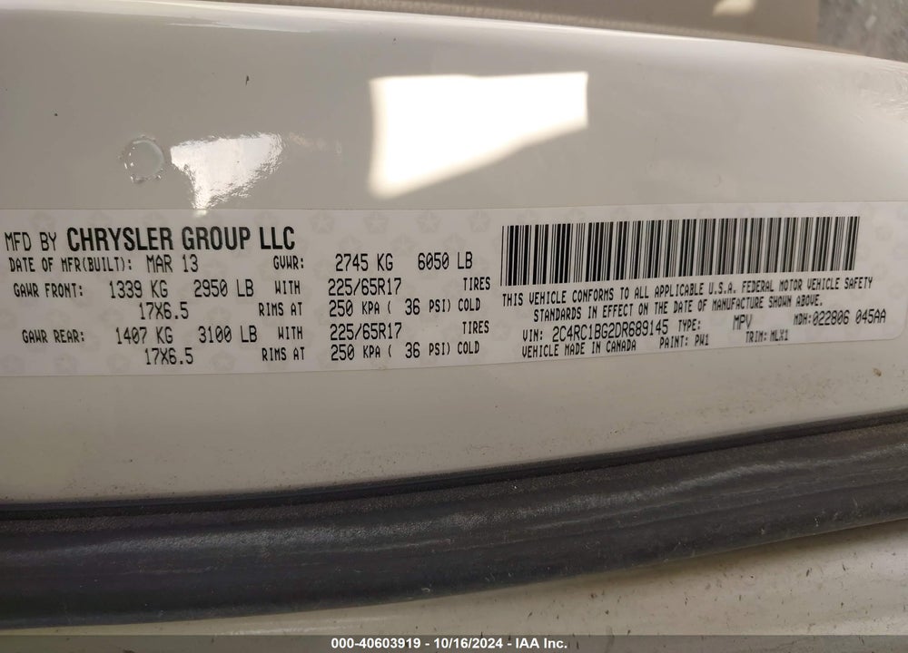 2013 CHRYSLER TOWN & COUNTRY TOURING VIN: 2C4RC1BG2DR689145