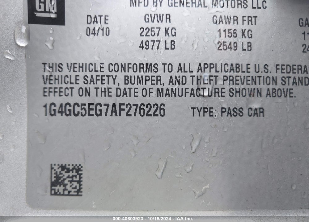 2010 BUICK LACROSSE CXL VIN: 1G4GC5EG7AF276226