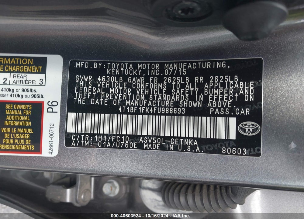 2015 TOYOTA CAMRY LE VIN: 4T1BF1FK4FU988693