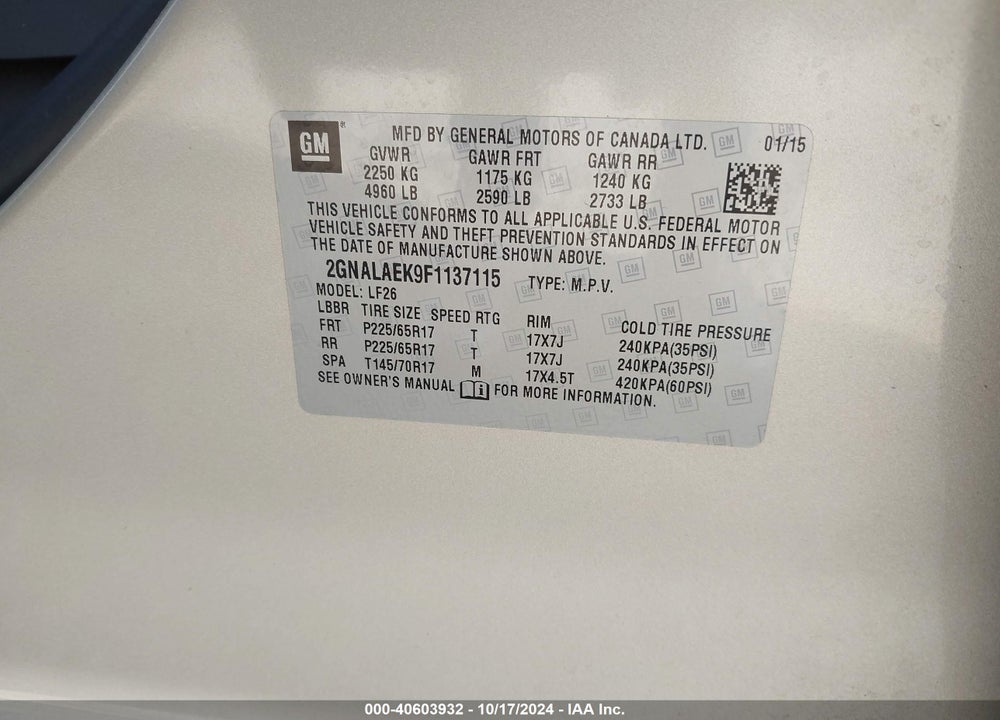2015 CHEVROLET EQUINOX LS VIN: 2GNALAEK9F1137115