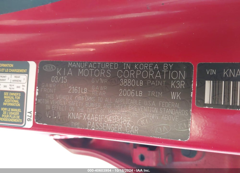 2015 KIA FORTE LX VIN: KNAFX4A61F5435182