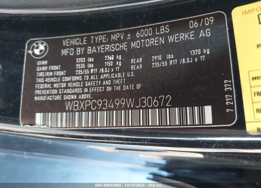 2009 BMW X3 XDRIVE30I VIN: WBXPC93499WJ30672