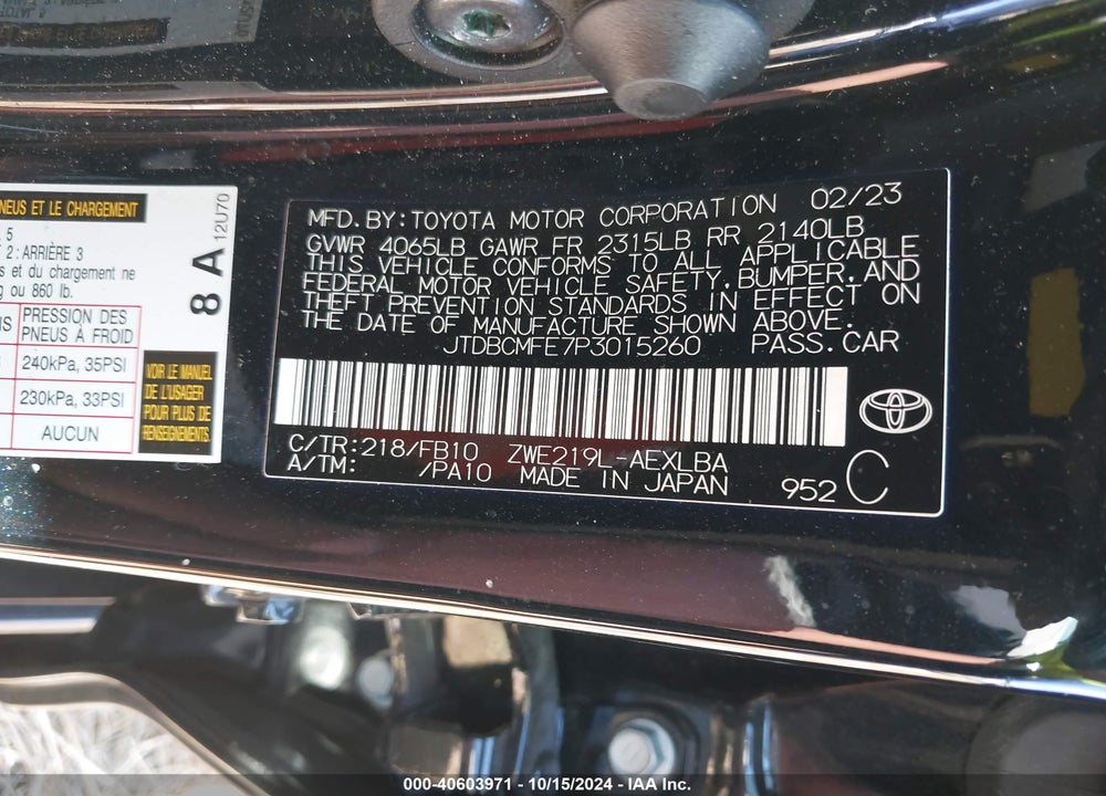 2023 TOYOTA COROLLA HYBRID LE VIN: JTDBCMFE7P3015260