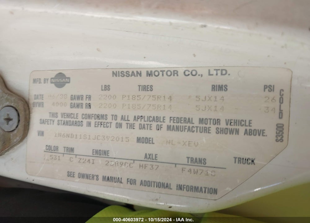 1988 NISSAN D21 SHORT BED VIN: 1N6ND11S1JC392015
