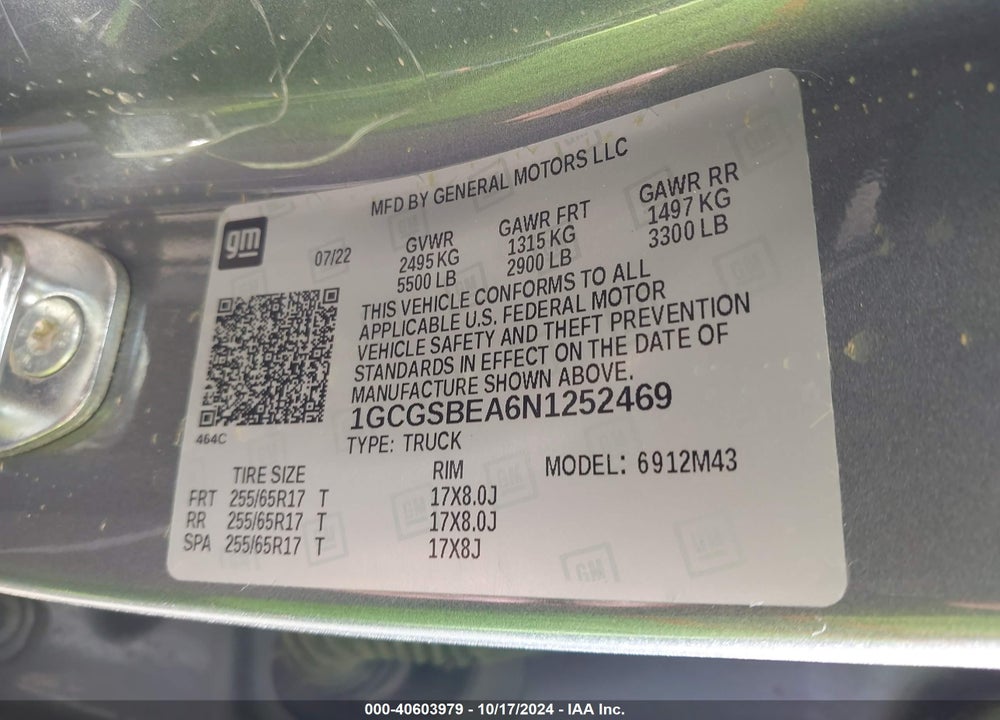 2022 CHEVROLET COLORADO 2WD SHORT BOX WT VIN: 1GCGSBEA6N1252469