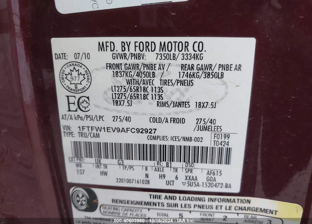 2010 FORD F-150 FX4/HARLEY-DAVIDSON/KING RANCH/LARIAT/PLATINUM/XL/XLT VIN: 1FTFW1EV9AFC92927