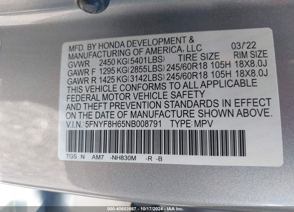 2022 HONDA PASSPORT AWD TRAILSPORT VIN: 5FNYF8H65NB008791