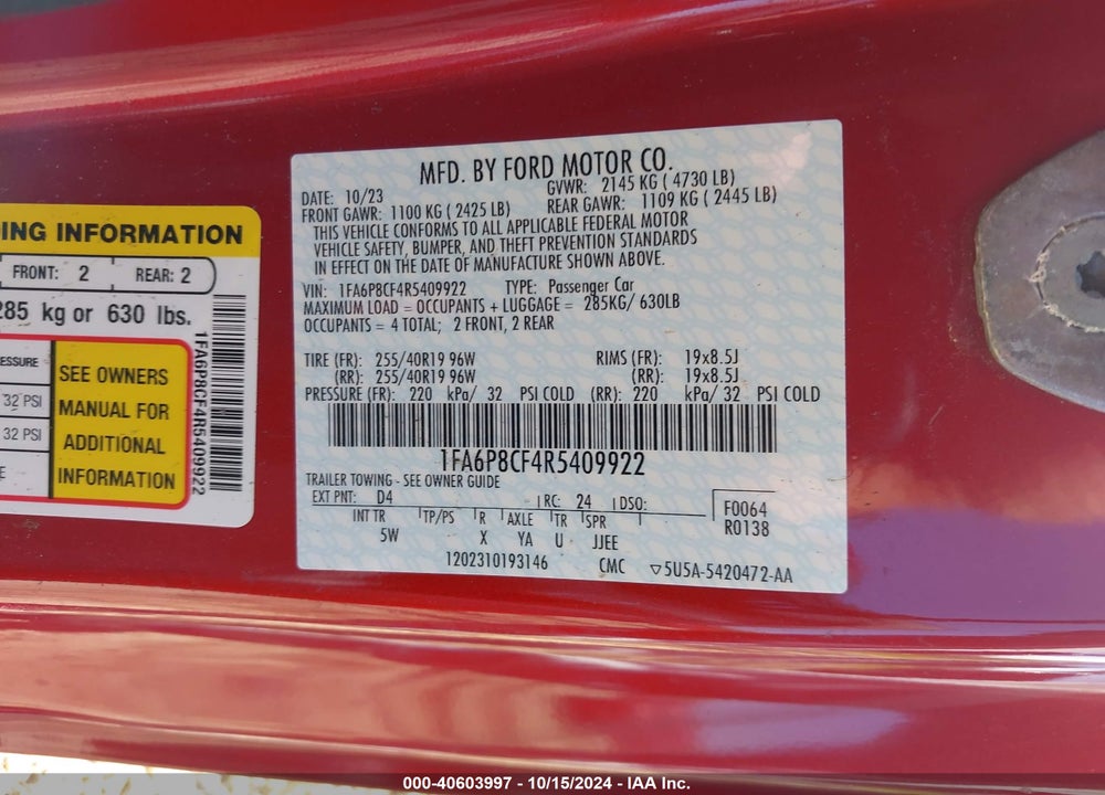 2024 FORD MUSTANG GT PREMIUM VIN: 1FA6P8CF4R5409922