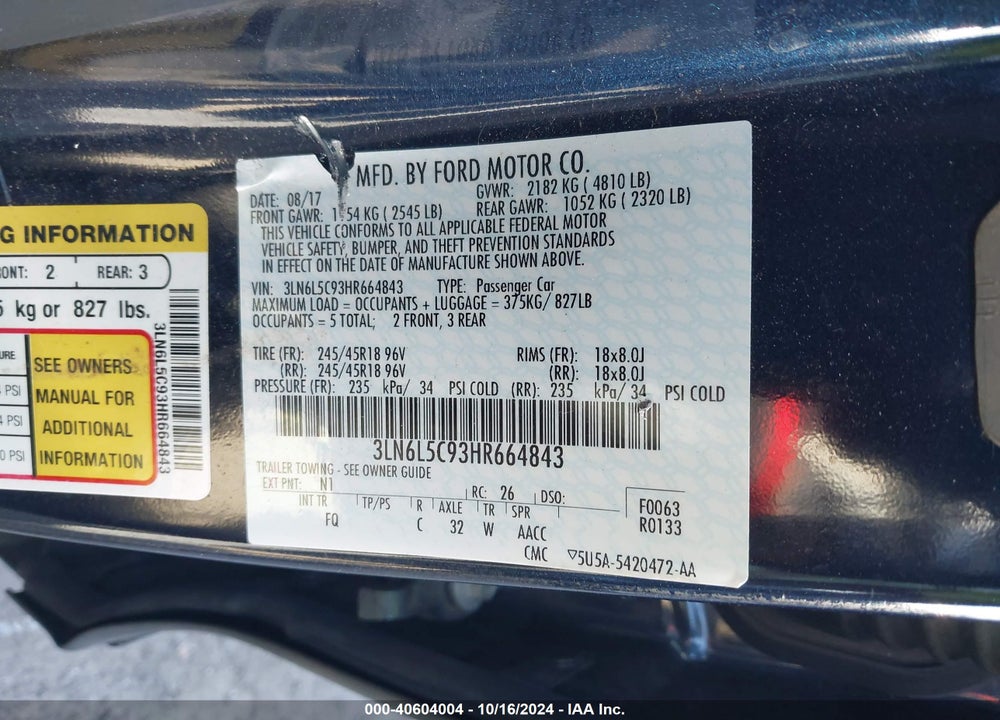 2017 LINCOLN MKZ SELECT VIN: 3LN6L5C93HR664843