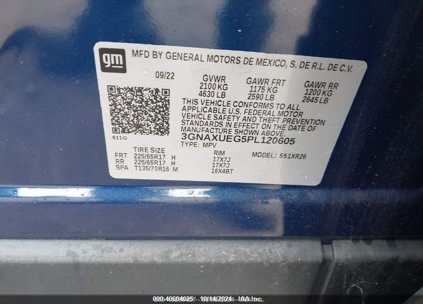 2023 CHEVROLET EQUINOX AWD LT VIN: 3GNAXUEG5PL120605
