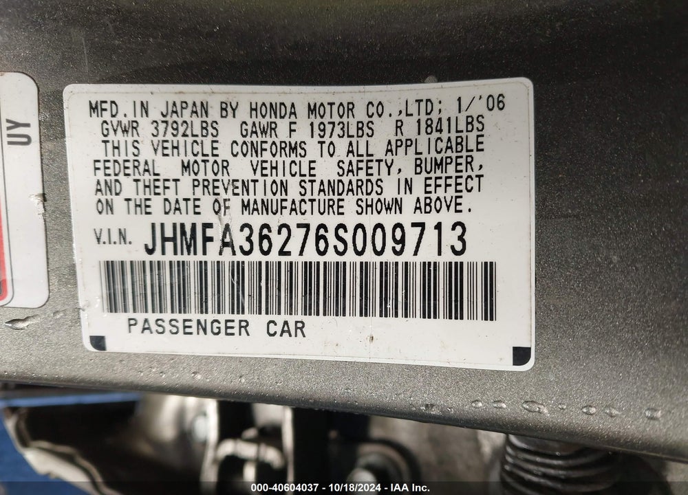 2006 HONDA CIVIC HYBRID VIN: JHMFA36276S009713