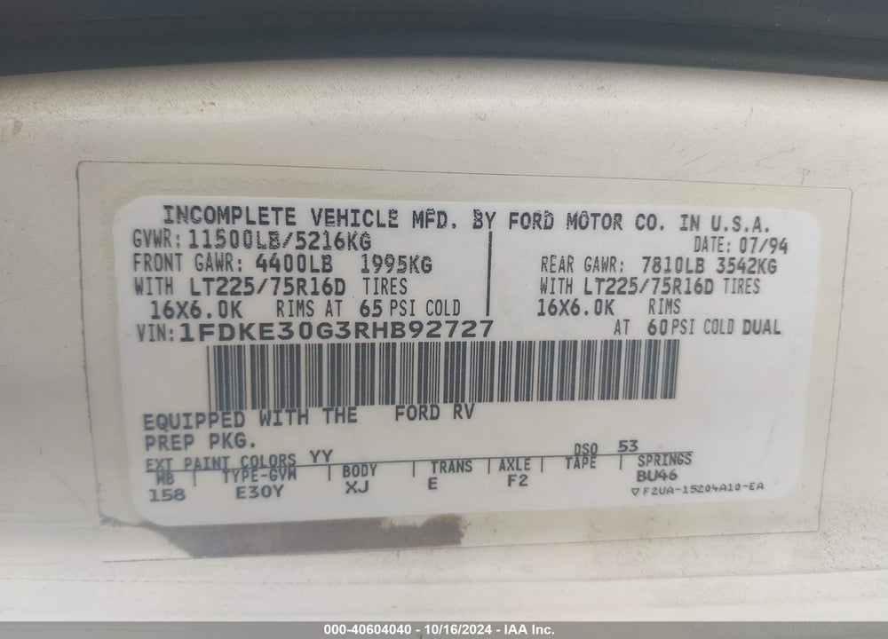 1994 FORD ECONOLINE E350 CUTAWAY VAN VIN: 1FDKE30G3RHB92727