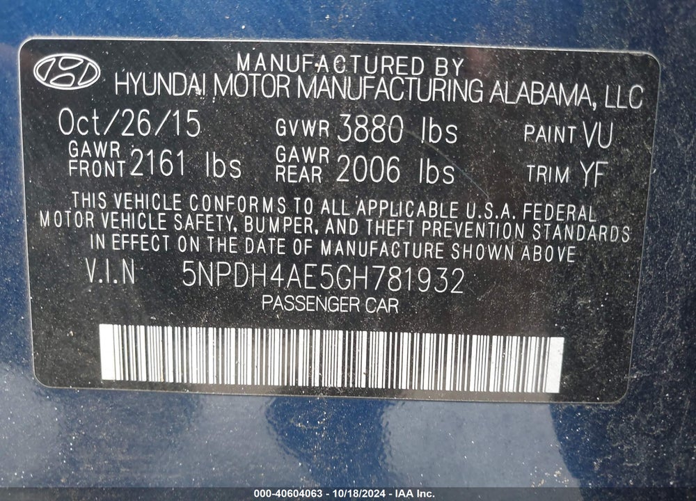 2016 HYUNDAI ELANTRA SE VIN: 5NPDH4AE5GH781932