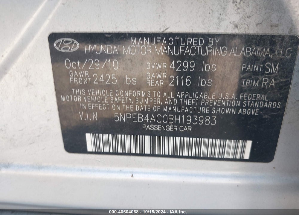 2011 HYUNDAI SONATA GLS VIN: 5NPEB4AC0BH193983