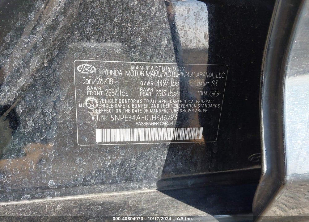 2018 HYUNDAI SONATA SEL VIN: 5NPE34AF0JH686293